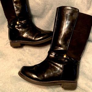 Girls Black Bow Faux Patent Leather Tall Boots (8)